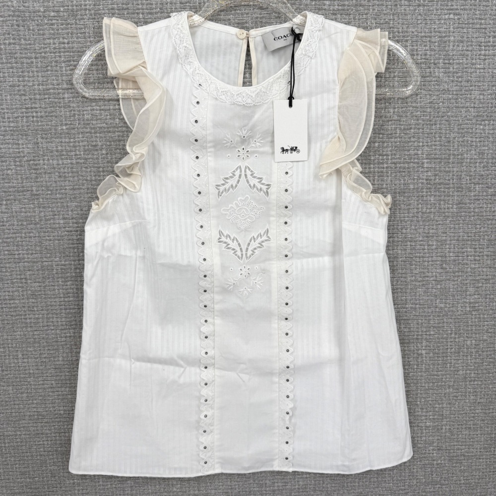 NWT Coach Sleeveless Cotton Silk Ruffle Top Size 4 Lace Eyelet Studded Cottage